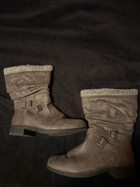 Women's Grey Suede Mid-Calf Casual Boots with Knit Cuff